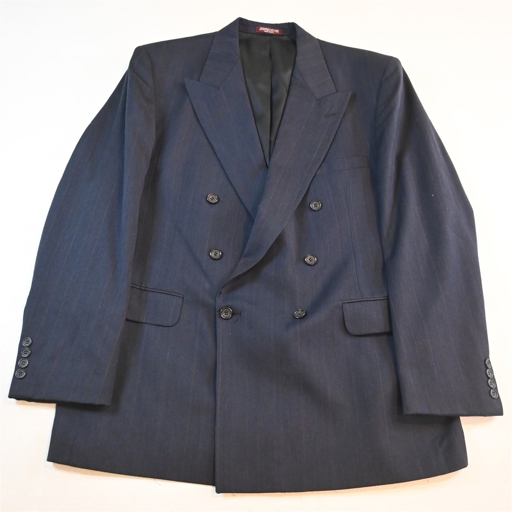 Vtg USA Made Double Breasted 46L Navy Blue 100% Wool Blazer Jacket Sport Coat